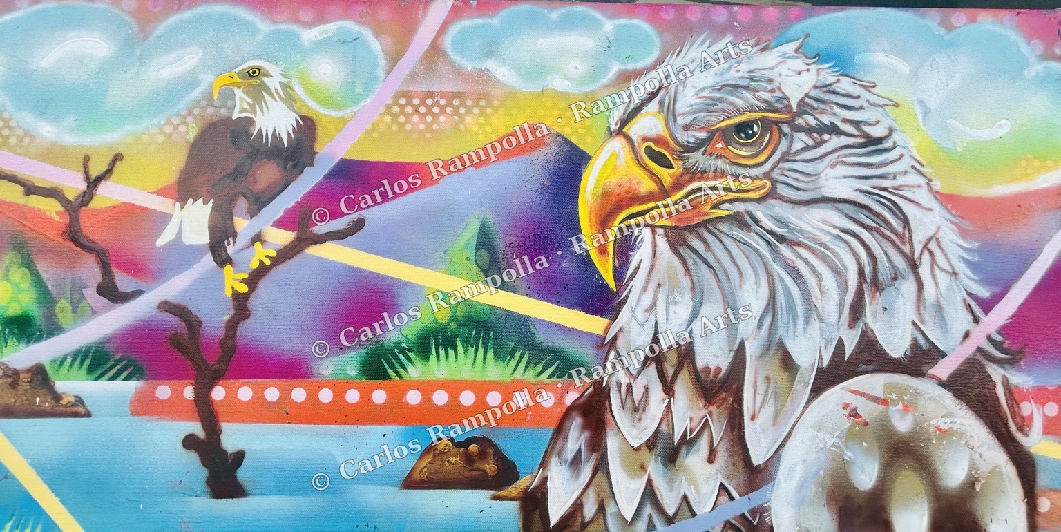 Progress detail of the large bald eagle portrait, with its yellow beak and white feathers taking shape.