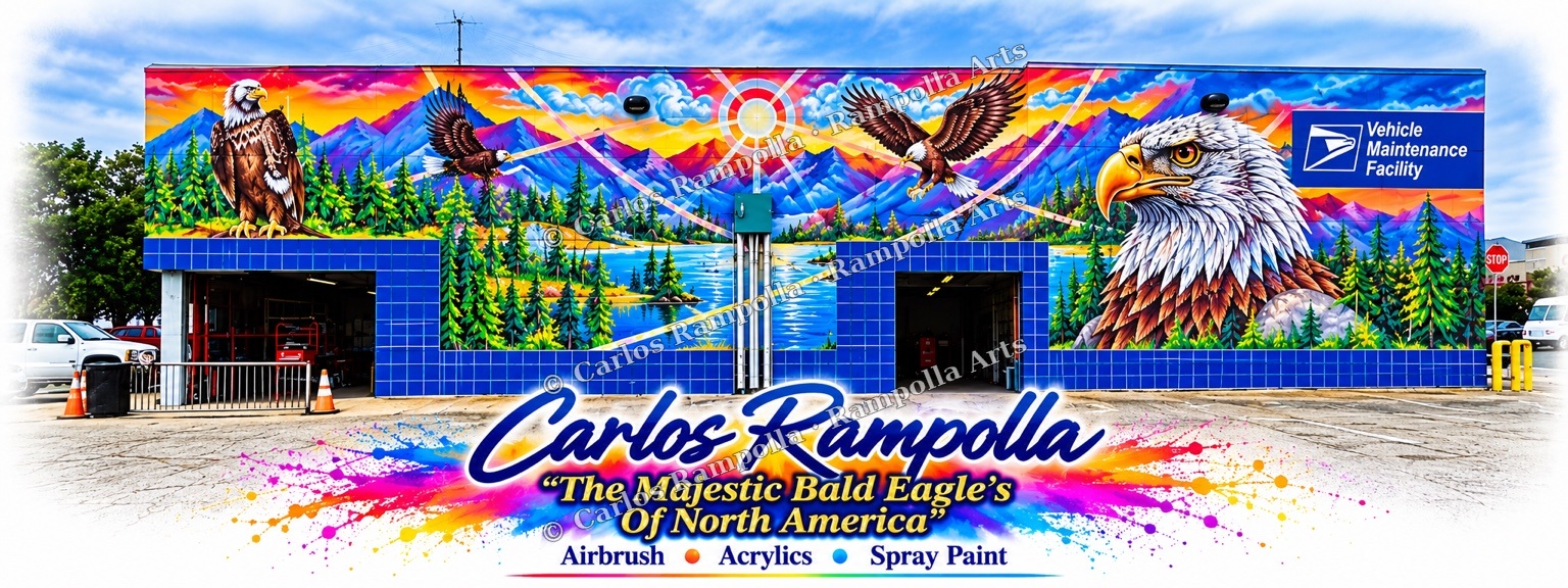 Full building design for Carlos Rampolla’s eagle mural, with bald eagles, mountains, forest, and a lake.