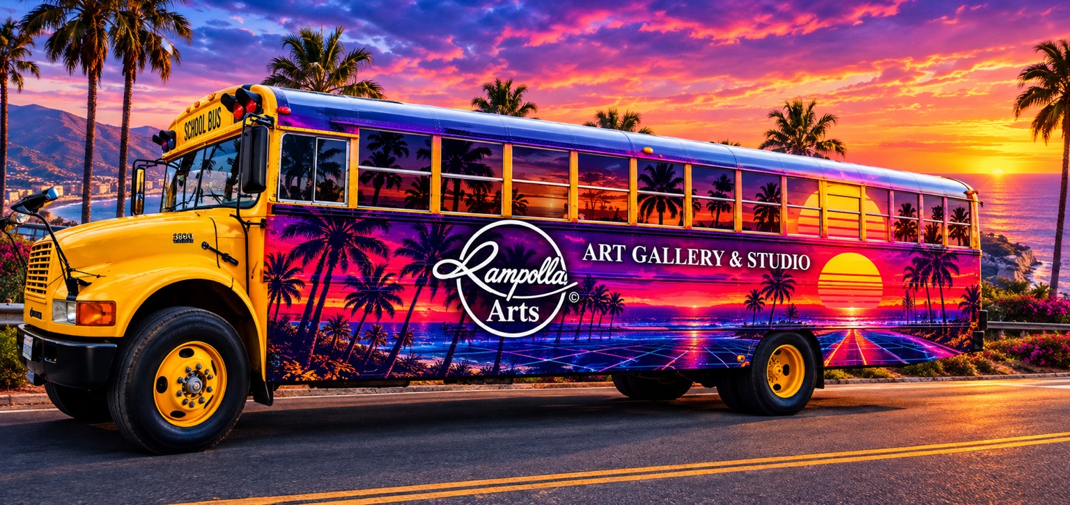 Concept design for the Rampolla Arts mobile studio, featuring a sunset-colored bus with palm trees, the Rampolla Arts logo, and Art Gallery & Studio lettering.